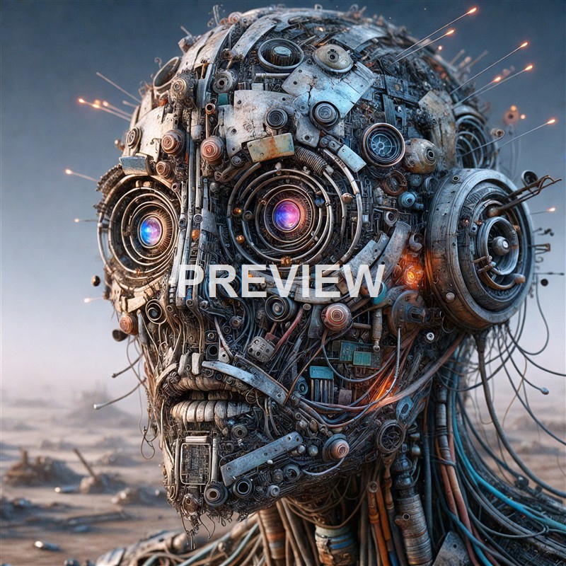 A humanoid face composed of various metallic and electronic parts, with glowing eyes and wires extending from its head, set against a desolate landscape.